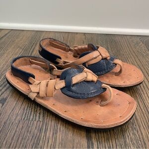 Handmade brown and navy leather sling back sandals size 7